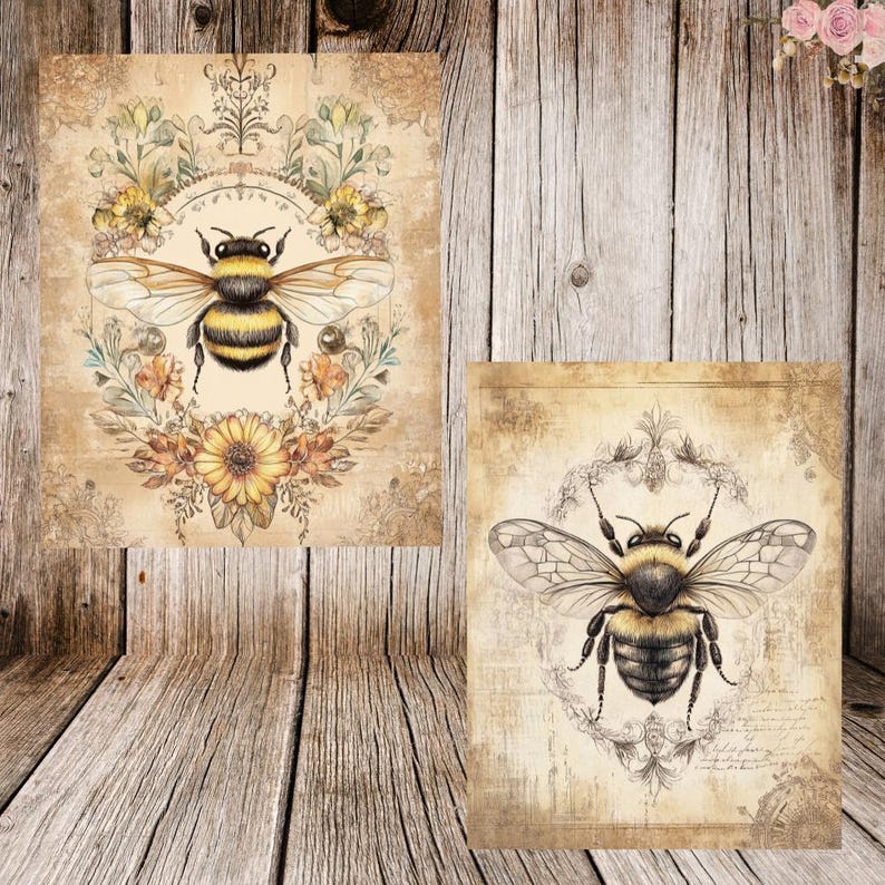 K&ouml;nnte beinhalten: Zwei Drucke im Vintage-Stil mit detaillierten Illustrationen von Hummeln, umgeben von floralen Designs. Die Drucke haben einen verwitterten, gealterten Papierhintergrund.