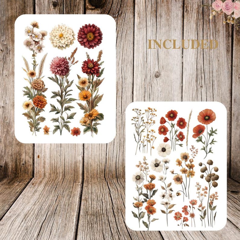 May include: Two sets of floral stickers featuring various flowers in shades of red, orange, yellow, and white. The word "INCLUDED" is printed in gold. The stickers are on a white background.