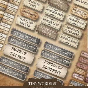 Può includere: Una collezione di etichette di parole vintage stampabili con frasi come "Sogni sbiaditi", "Viaggiatore del tempo" ed "Echi di ieri". Le etichette rettangolari hanno un aspetto invecchiato e usurato, perfette per lo scrapbooking.