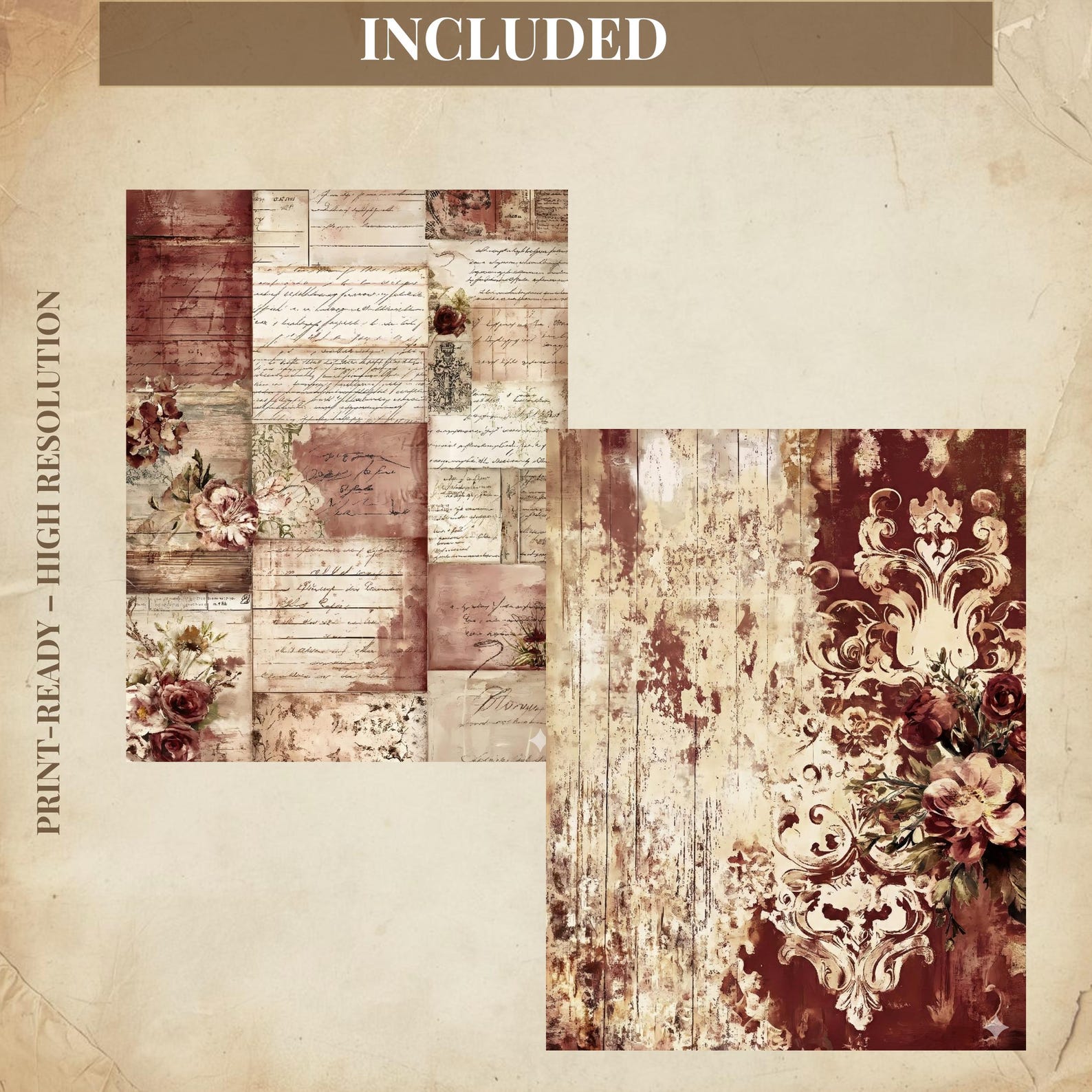 Burgundy Valentine Junk Journal Pages, Vintage Rose Digital Paper ...