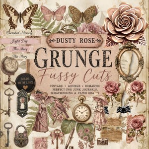 Dusty Rose Grunge Fussy Cuts, Vintage Utskrivbara PNG Ephemera, Junk Journal Element, Shabby Chic Clipart, 200+ Element