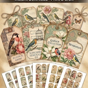 May include: A collection of printable journal tags featuring vintage-style illustrations of songbirds, butterflies, flowers, and sheet music. The tags include text labels such as Bloom & Grow, Songbird Serenade 03, Garden Collection, and Herbarium.