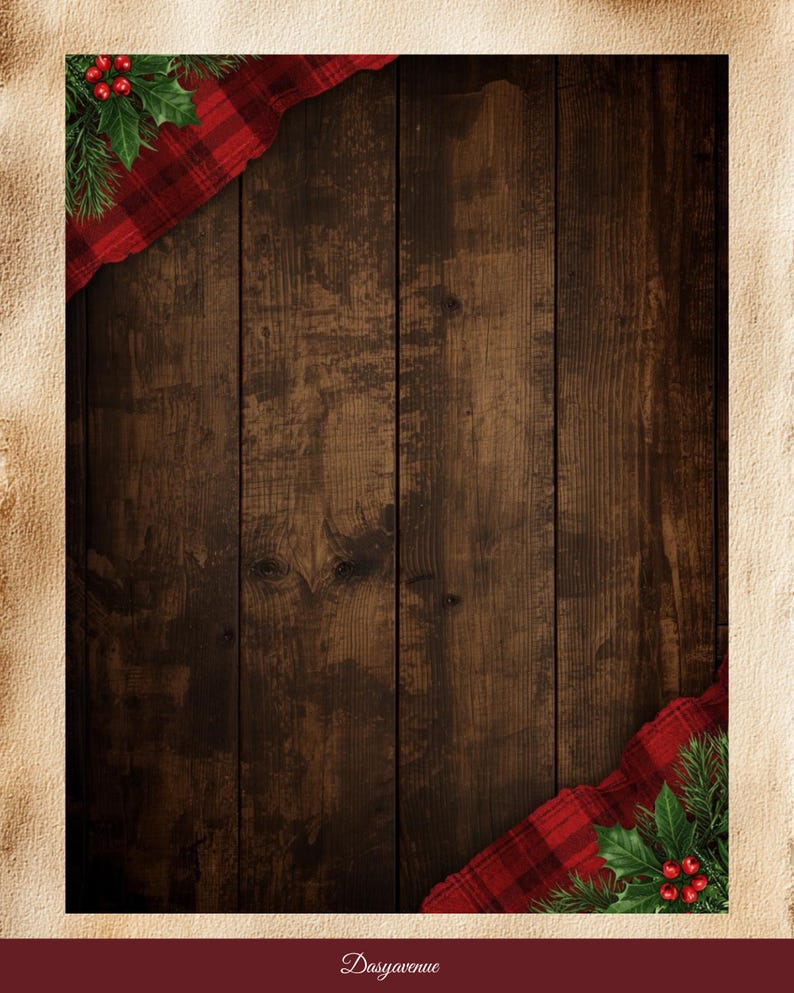 May include: A rustic wooden background with a dark brown color, framed by a red and black plaid fabric with holly and pine accents. The image has a warm, inviting feel, perfect for holiday-themed products.