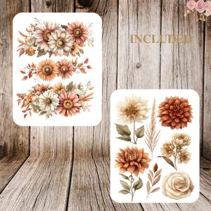 May include: Two sets of floral watercolor stickers. One set features arrangements of sunflowers and other flowers in shades of peach, cream, and brown. The other set includes individual flowers, leaves, and wheat in similar colors.