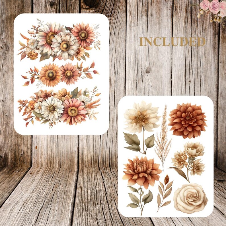 May include: Two sets of floral watercolor stickers. One set features arrangements of sunflowers and other flowers in shades of peach, cream, and brown. The other set includes individual flowers, leaves, and wheat in similar colors.