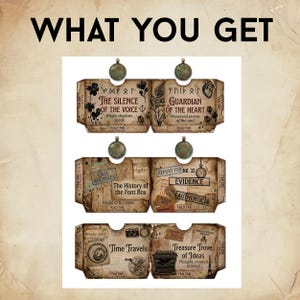 May include: A set of six rectangular paper templates with fold tabs, featuring vintage-style graphics, aged parchment textures, and text including The Silence of the Voice, Guardian of the Heart, Case Archives, Evidence, Time Travels, and Treasure Trove of Ideas.