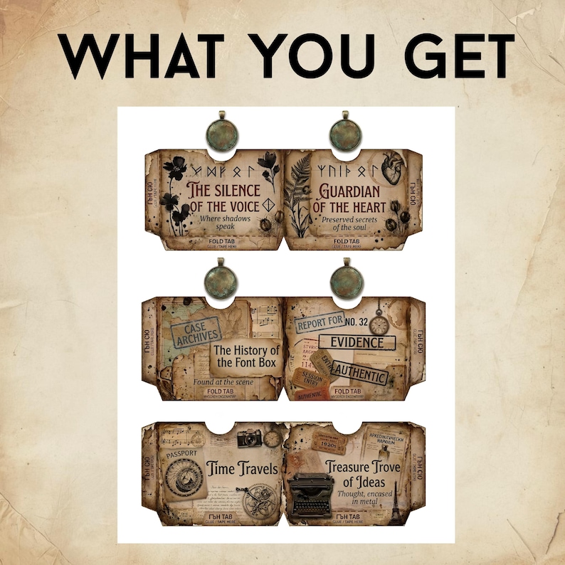 May include: A set of six rectangular paper templates with fold tabs, featuring vintage-style graphics, aged parchment textures, and text including The Silence of the Voice, Guardian of the Heart, Case Archives, Evidence, Time Travels, and Treasure Trove of Ideas.