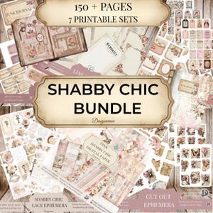 Paquete de diario de estilo shabby chic rosa / Elementos decorativos vintage de rosas imprimibles, etiquetas, papeles y más / Paquete de scrapbooking digital romántico