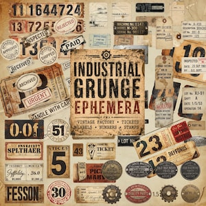 Industriellt grunge-ephemera-kit, vintagefabriksbiljetter, etiketter och nummer, utskrivbar skräpjournal