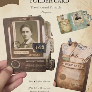 May include: Vintage passport folder card printable for junk journals and scrapbooking. The image shows a brown folder with a vintage photo, the number 142, and the text "APPROVED". Other cards and a folder with the text "KEEP SAFE" are also visible.