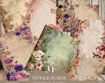 Vintage Floral Junk Journal Pages, Printable Lined & Background Papers for Scrapbooking, Collage,  Ephemera Art