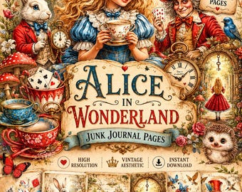 Alice in Wonderland-journaalboekenset | Vintage afdrukbare kortstondige pagina's | Tea Party-clipart voor scrapbooking en knutselen met gemengde media