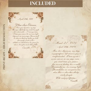 May include: Two vintage-style printable letters with floral accents and handwritten text. The letters are dated April 28th, 1891, and April 28th, 19891, and feature ornate rose illustrations. The words "PRINT-READY - HIGH RESOLUTION" and "INCLUDED" are also visible.