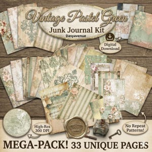 32 Salbeigrüne Botanische Papiere | Vintage Shabby Chic Journal Seiten | Printable Junk Journal Papiere | Scrapbook Hintergründe | Digitales Papier