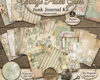 May include: A digital junk journal kit featuring 33 unique pages in vintage pastel green tones. The collection includes various patterned papers with floral motifs, damask designs, stripes, and musical notation, all presented in a high-resolution 300 DPI format.