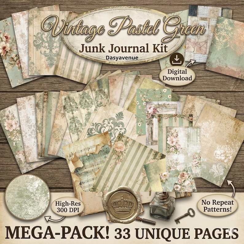 32 Sage Green Botanical Papers | Vintage Shabby Chic Journal Pages ...