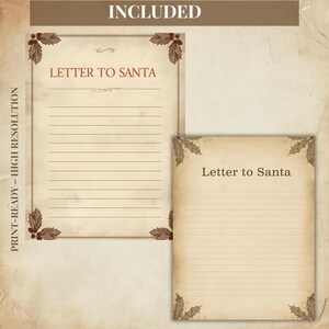 May include: Two sheets of stationery with a vintage design. The larger sheet has the text "Letter to Santa" and lined paper. The smaller sheet also has the text "Letter to Santa" and lined paper. Both sheets have decorative holly corner accents.