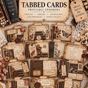 Op de afbeelding: Een verzameling rechthoekige tabkaarten met vintage-stijl afbeeldingen van bibliotheken en boeken. De kaarten tonen sepia-kleurige illustraties van boeken, sleutels, vlinders en teksten zoals 'Library Notes' en 'October Reading Journal'.