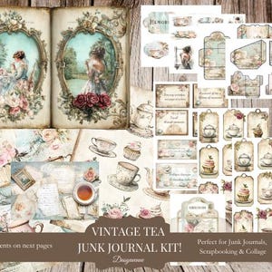 Kit de diário de lixo de chá vintage - itens efêmeros para impressão, festa do chá vitoriana, páginas manchadas de chá, diário de lixo chique e surrado, kit de scrapbook faça você mesmo