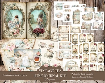 May include: Vintage tea themed junk journal kit with a variety of papers, ephemera, and embellishments. The kit includes a title page with the text "Vintage Tea Junk Journal Kit!" and a variety of images, including teacups, flowers, and birds. The kit is perfect for creating a unique and personalized journal.