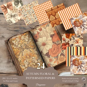 May include: An open book with floral patterned pages, surrounded by various autumn-themed patterned papers. The papers feature floral, bow, and stripe designs in shades of orange, brown, and cream. Text reads "24 AUTUMN FLORAL & PATTERNED PAPERS".