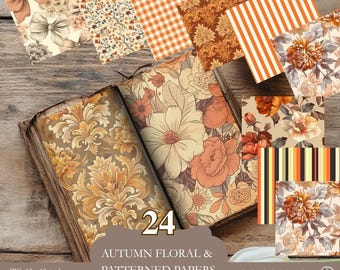 24 Vintage Fall Digital Papers | Floral, Striped & Gingham Backgrounds for Junk Journals, Scrapbooking , Crafts | 12 x 12 JPG