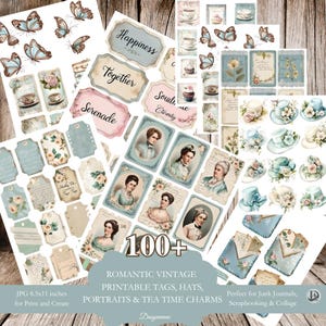 100+ romantische vintage afdrukbare tijdschriften voor ongewenste tijdschriften | Victoriaanse labels, hoeden, dames, thee, bloemen | Shabby Chic Ephemera-set voor het maken van collages