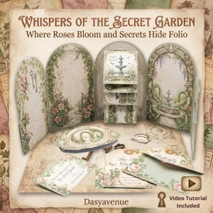 May include: A paper craft folio titled Whispers of the Secret Garden Where Roses Bloom and Secrets Hide Folio. The set includes a multi-panel arched display with garden illustrations, a fountain, keys, roses, and various cards with text.