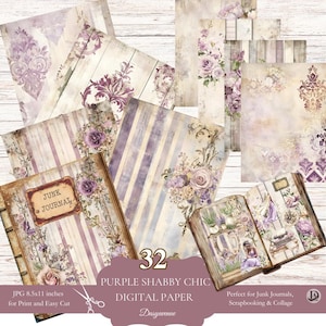 Páginas de diario basura de estilo shabby chic / Páginas de efímeras florales vintage / Papel de álbum de recortes imprimible de color morado / Hojas de collage antiguas / Suministros para manualidades