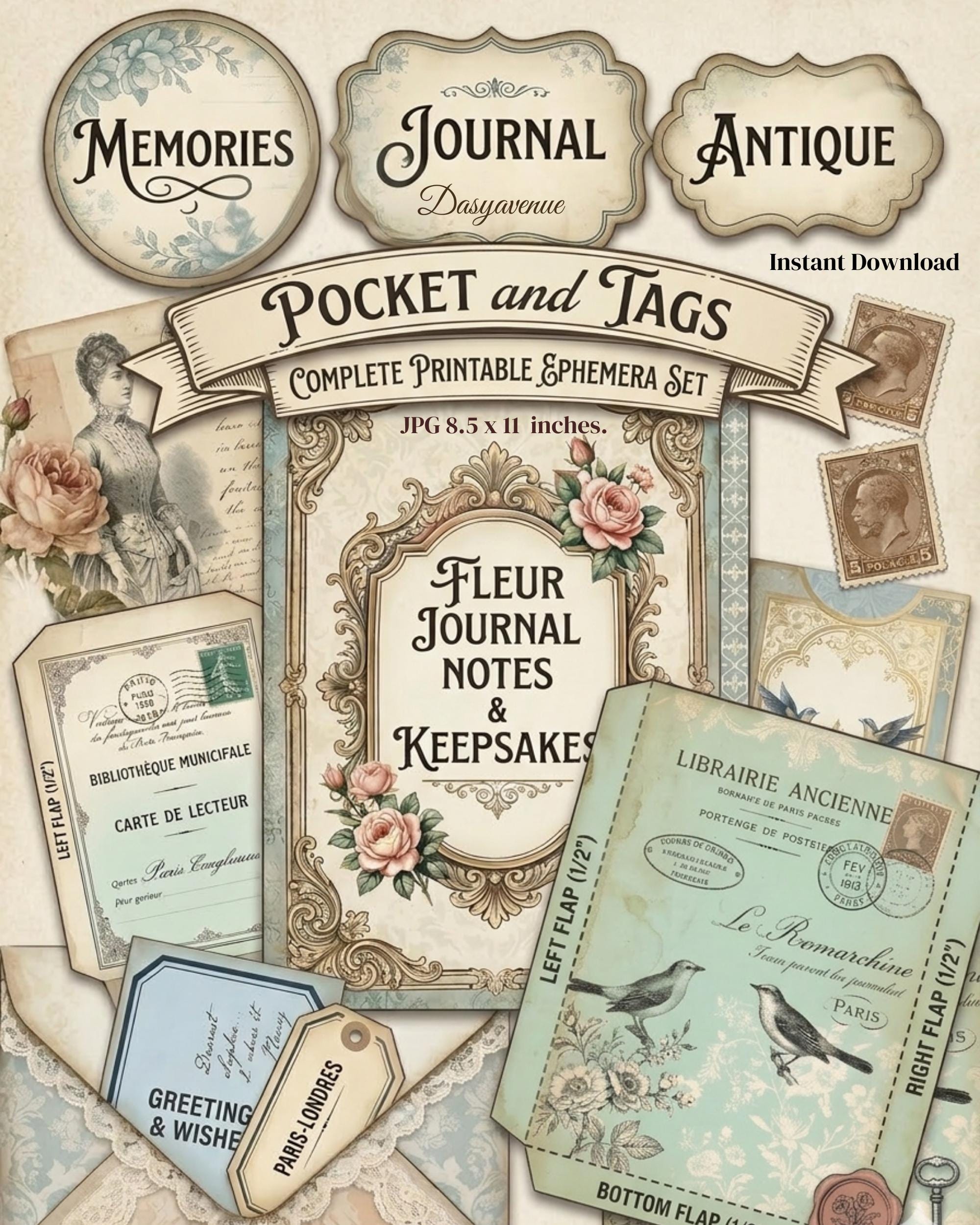 Vintage Journal Pocket & Tags Printable, Junk Journal Ephemera, French ...