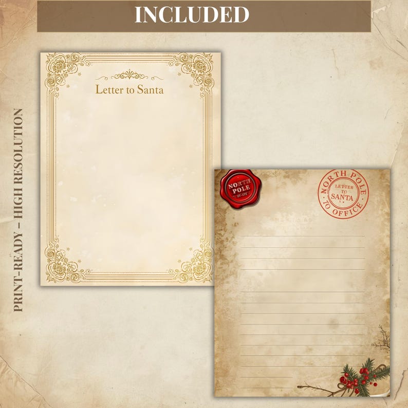 May include: Two sheets of stationery with a vintage aesthetic. One sheet is a letterhead with the text "Letter to Santa" in elegant script, framed by ornate gold filigree. The other sheet is a lined letter with a red wax seal that reads "North Pole".