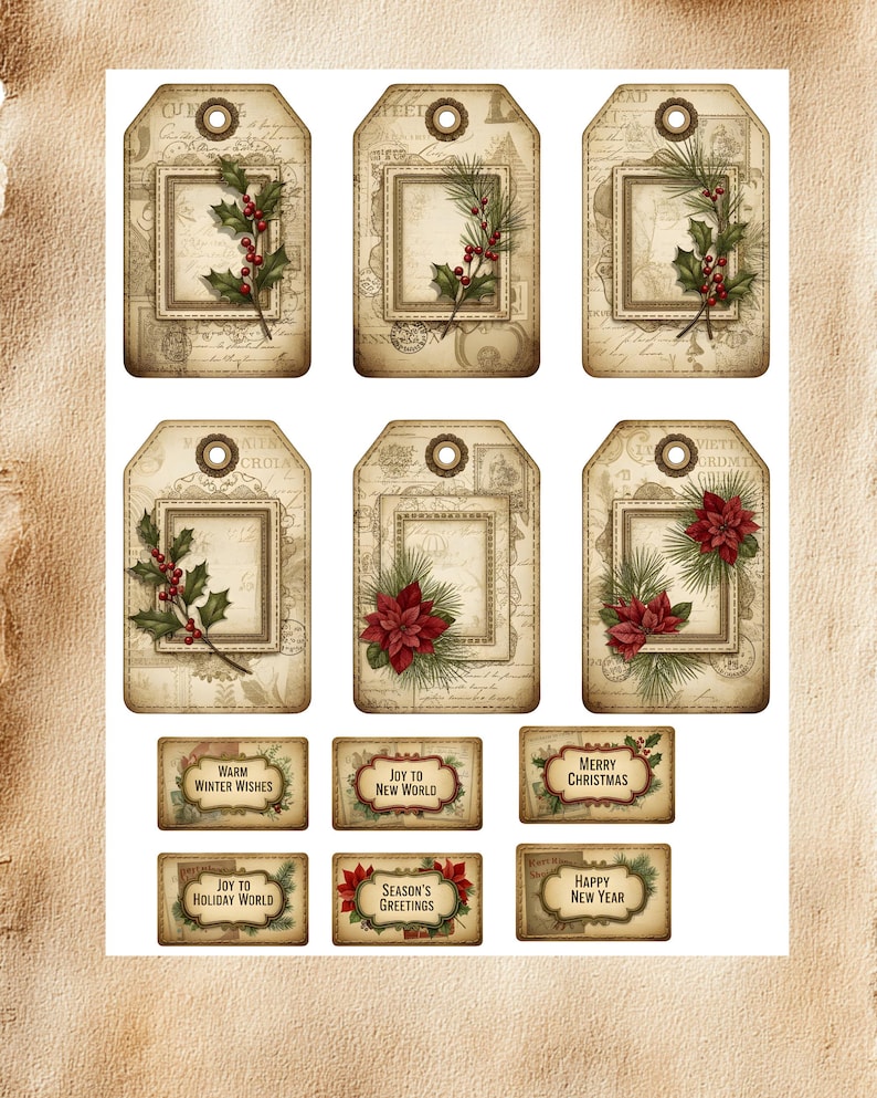Vintage Christmas Labels & Tags Printable Set, Holiday Junk Journal ...