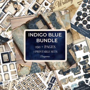 May include: A collection of vintage-style digital papers and ephemera in shades of indigo blue and cream. The image features a variety of printable sets, including journal pages, tags, and envelopes. The text on the image reads "INDIGO BLUE BUNDLE" with "150+ PAGES" and "7 PRINTABLE SETS".
