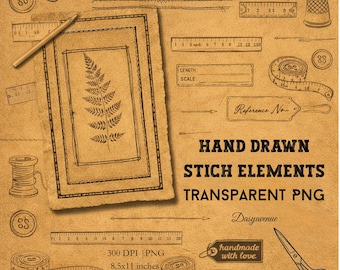 Elementos de puntada dibujados a mano PNG transparente, puntadas de costura, líneas de diario vintage para diario basura y álbumes de recortes