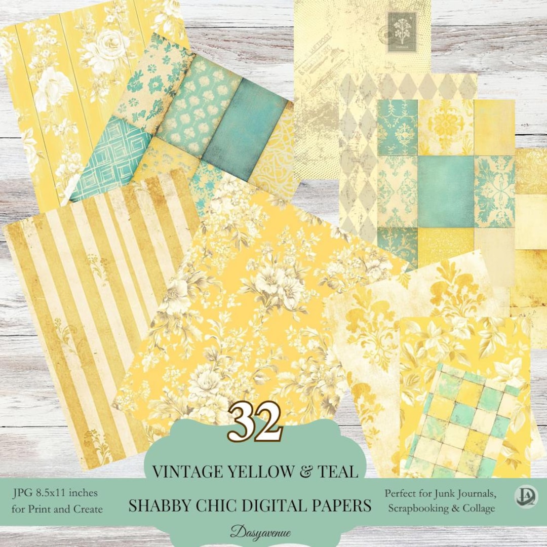 Vintage Yellow Teal Junk Journal Set, Shabby Chic Digital Paper Pack ...