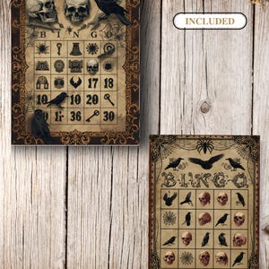Puede incluir: Dos tarjetas de bingo rectangulares con est&eacute;tica vintage y un borde ornamentado de color marr&oacute;n oscuro. Las tarjetas muestran ilustraciones de calaveras, cuervos negros, telara&ntilde;as y llaves, con la palabra BINGO y el texto INCLUDED en un recuadro.