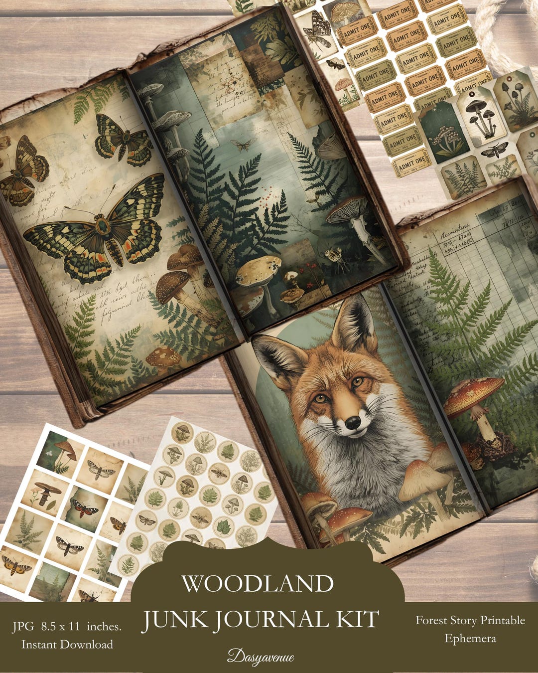 Woodland Story Junk Journal Kit | Green Mushroom Ephemera, Forest ...