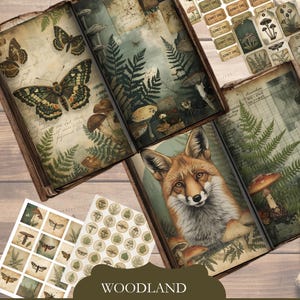 May include: A woodland-themed junk journal kit with a fox illustration, butterflies, mushrooms, and ferns. Includes printable ephemera, tags, and journal pages. The kit is 8.5 x 11 inches.