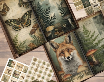 Pode incluir: Kit de diário de lixo com tema de floresta com uma ilustração de raposa, borboletas, cogumelos e samambaias. Inclui efêmeras imprimíveis, etiquetas e páginas de diário. O kit tem 21,59 x 27,94 cm.