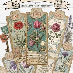 Vintage botanische große Tags, druckbare Junk Journal Tags, Blumen Ephemera Tags, antike Stil Tags, Collage Tags, Scrapbooking Elemente