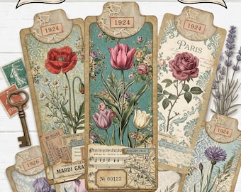 Vintage Botanical Tall Tags, Printable Junk Journal Tags, Floral Ephemera Tags, Antique Style Tags, Collage Tags, Scrapbooking Elements