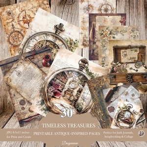 Diarios vintage efímeros, papel antiguo imprimible, scrapbooking steampunk, hojas de collage digital, descarga de estética envejecida