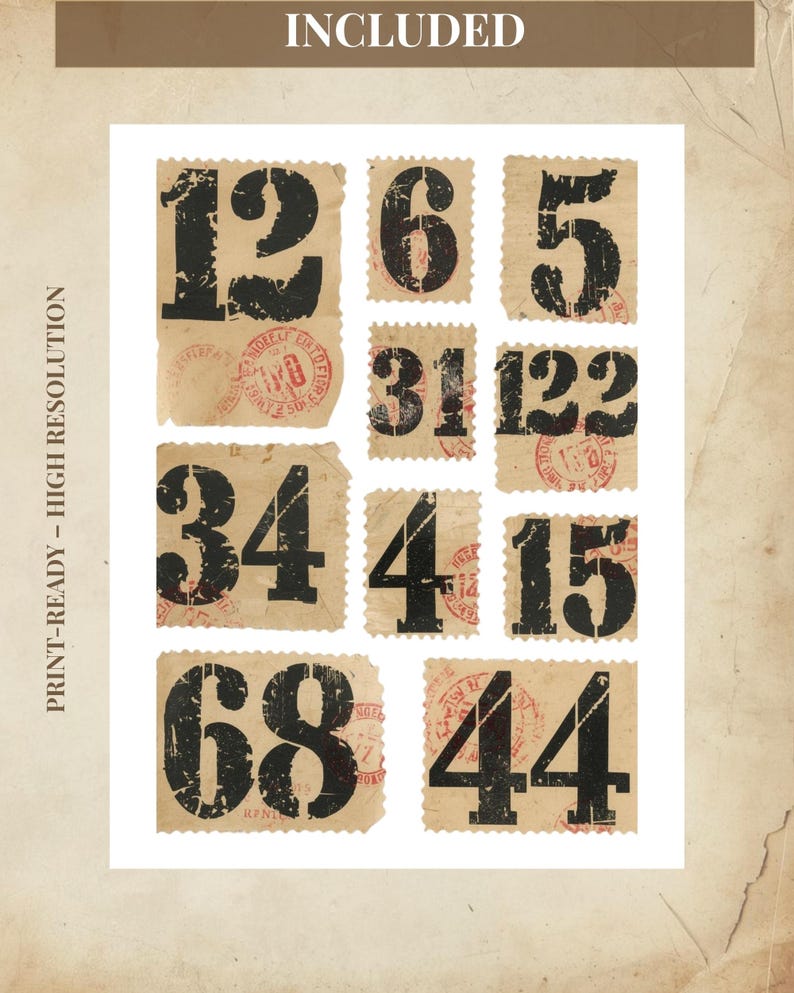 Vintage Grunge Numbers Printable Snippets Pages, Antique Number ...
