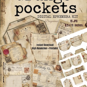 Könnte beinhalten: Ein digitales Ephemera-Kit namens "Grunge Pockets" mit verschiedenen Papieren, Taschen und Etiketten im Vintage-Stil. Das Kit enthält 15 JPG-Dateien, jeweils 21,59 x 27,94 cm. Das Design hat eine verwitterte, gealterte Ästhetik mit dem Text "Sofort-Download" und "Hohe Auflösung - Druckbar."
