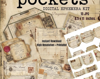 Grunge Vintage Journal Pockets Printable, Antique Ephemera Pockets, Junk Journal Inserts, Aged Paper Pockets