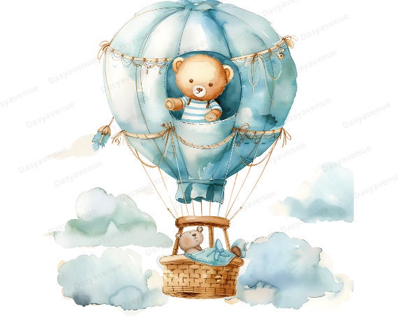 Watercolor Teddy Bear Hot Air Balloon Clipart Cute Baby Nursery Decor ...