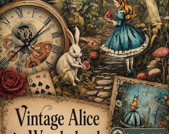 24 Vintage Alice in Wonderland Junk Journal Pages, Digital Download, for your DYI, Scrapbook pages, Junk Journal Kit, Junk Journal Folio