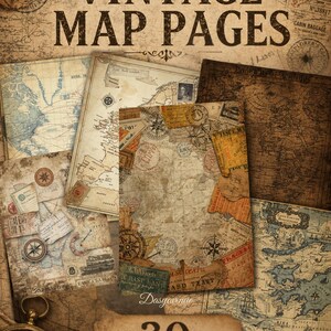 May include: A collection of vintage map pages with a sepia tone. The image features various antique maps, stamps, and travel ephemera. Text includes "VINTAGE MAP PAGES" and "30 PRINTABLE PAGES".