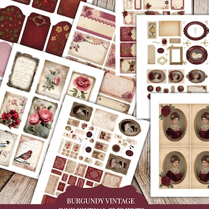 Puede incluir: Una colección de elementos de diario vintage burdeos, que incluyen etiquetas y efímeras. Los diseños presentan rosas, retratos y marcos decorativos. Las hojas imprimibles miden 21,6 x 27,9 cm.