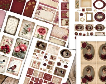Paquete de efímeras vintage de diario basura burdeos: etiquetas, marcos, bolsillos y tarjetas imprimibles, juego de papel para álbumes de recortes, descarga instantánea
